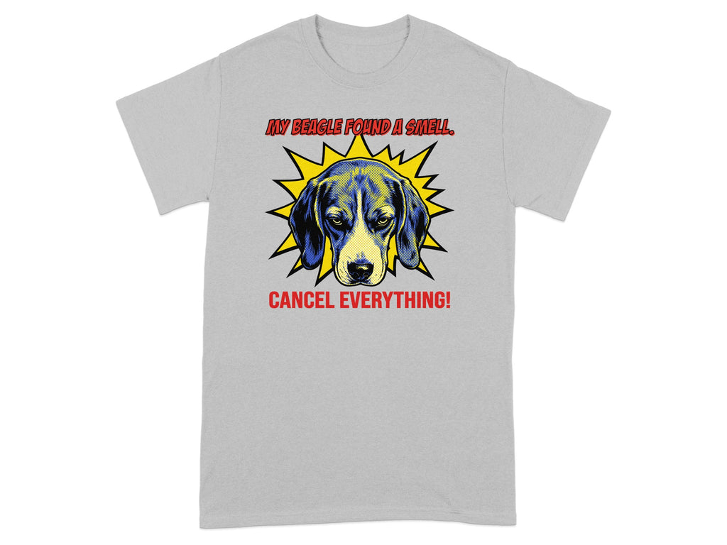 Gray t-shirt with a comic book style illustration of a beagle's face and text.