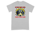Gray t-shirt with a comic book style illustration of a beagle's face and text.