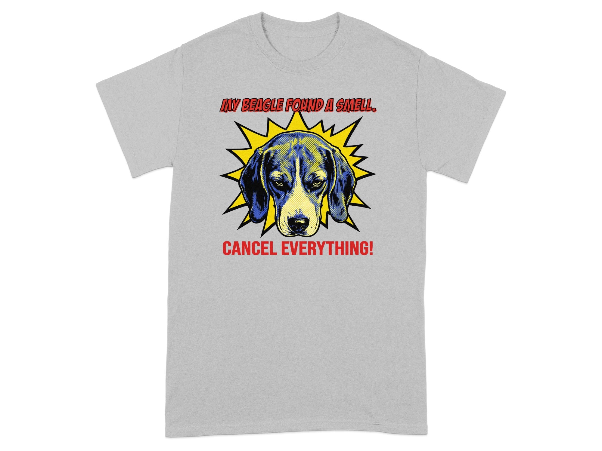 Gray t-shirt with a comic book style illustration of a beagle's face and text.