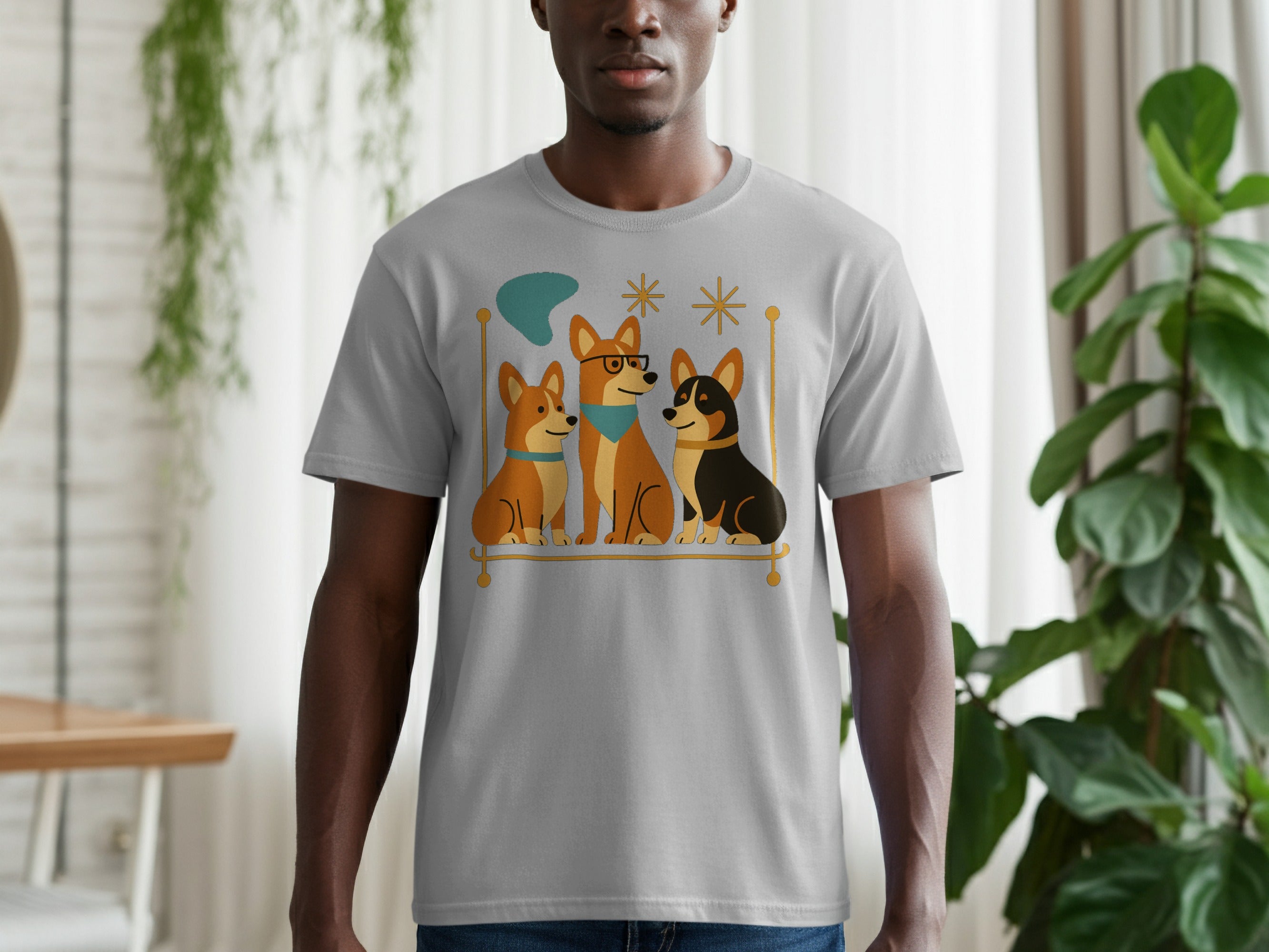 Three cartoon corgis wearing bandanas and glasses sit on a stylized shelf.