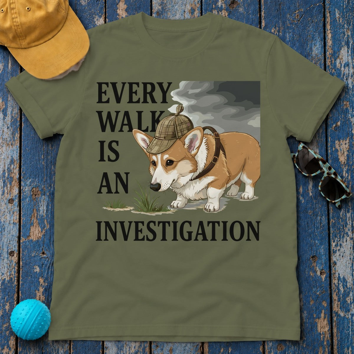 Every Walk Corgi Dog Detective T-Shirt in Military Green
