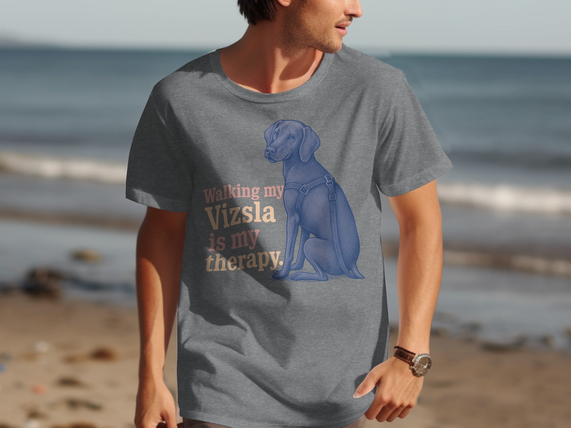 Gray t-shirt with Vizsla dog graphic and text "Walking my Vizsla is my therapy."