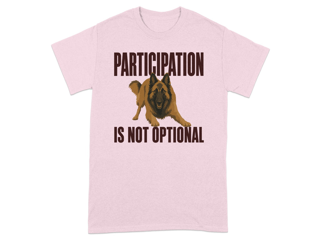 Pink t-shirt with "PARTICIPATION IS NOT OPTIONAL" and a dog graphic.