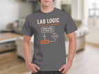 Grey t-shirt with "Lab Logic" flowchart about barking.