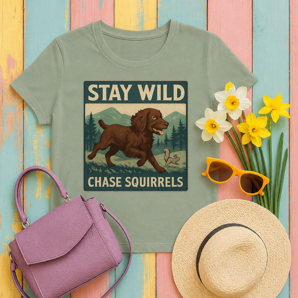 Boykin Spaniel Stay Wild Chase Squirrels T-shirt in Sage