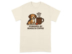 Beagle and coffee mug with paw print steam and text "POWERED BY BEAGLE & COFFEE".