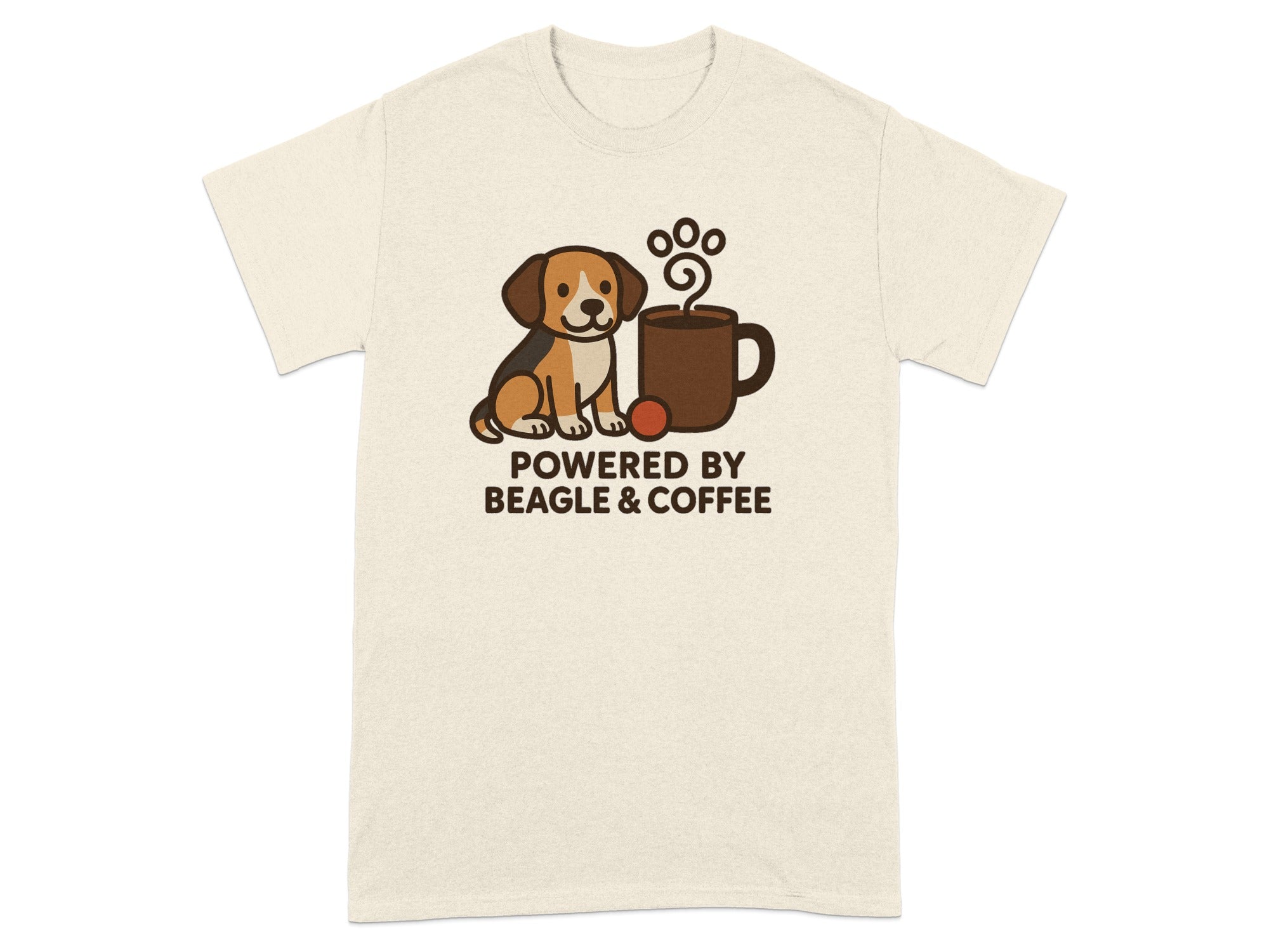 Beagle and coffee mug with paw print steam and text "POWERED BY BEAGLE & COFFEE".
