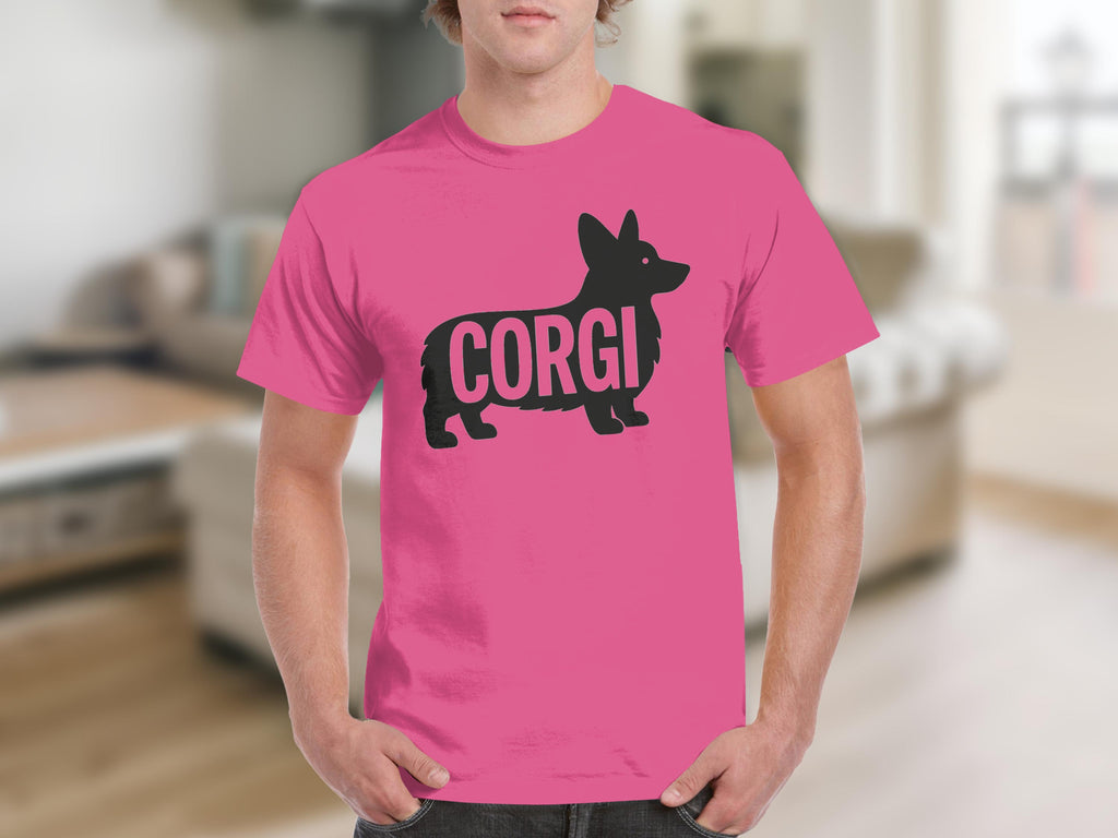 Pink t-shirt with a black corgi silhouette and the word "CORGI".