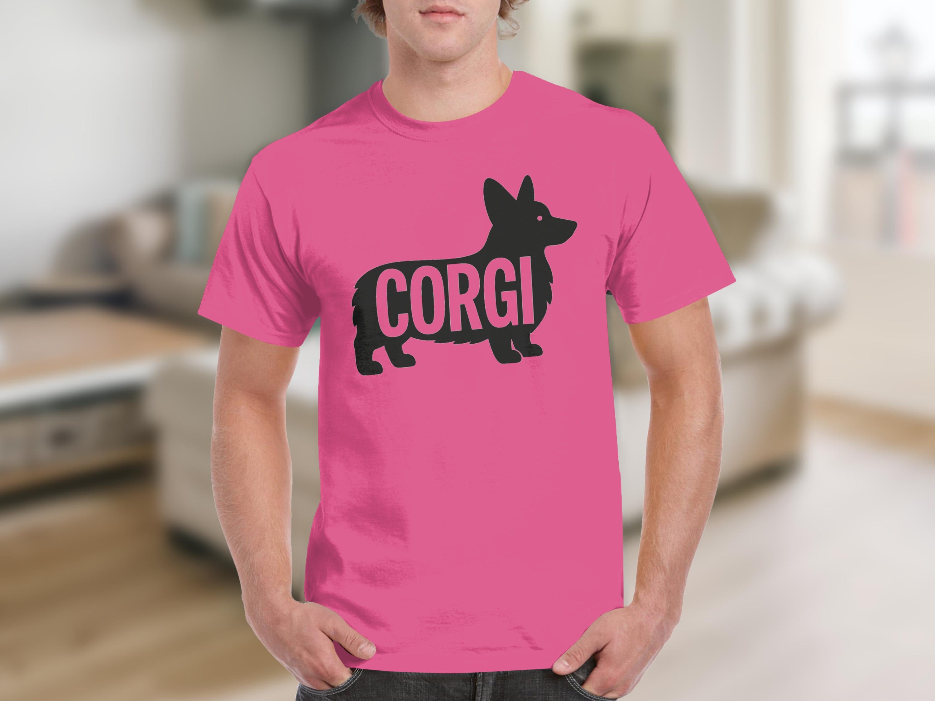 Pink t-shirt with a black corgi silhouette and the word "CORGI".