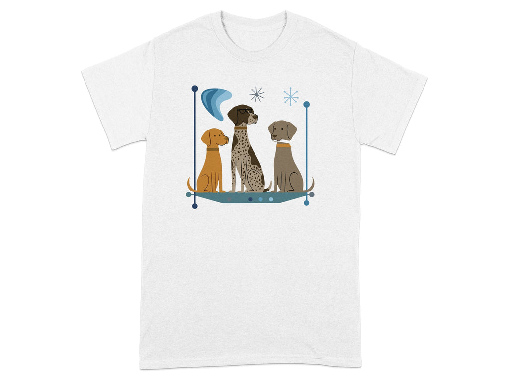 Three dogs, two brown and one spotted, sit looking forward.