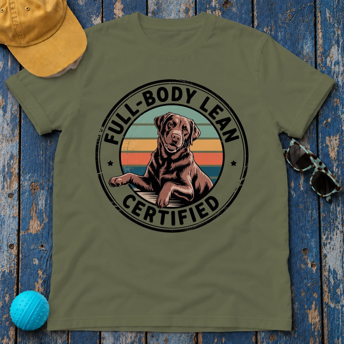 Full Body Lean Certified Chocolate Labrador Retriever T-Shirt in Military Green