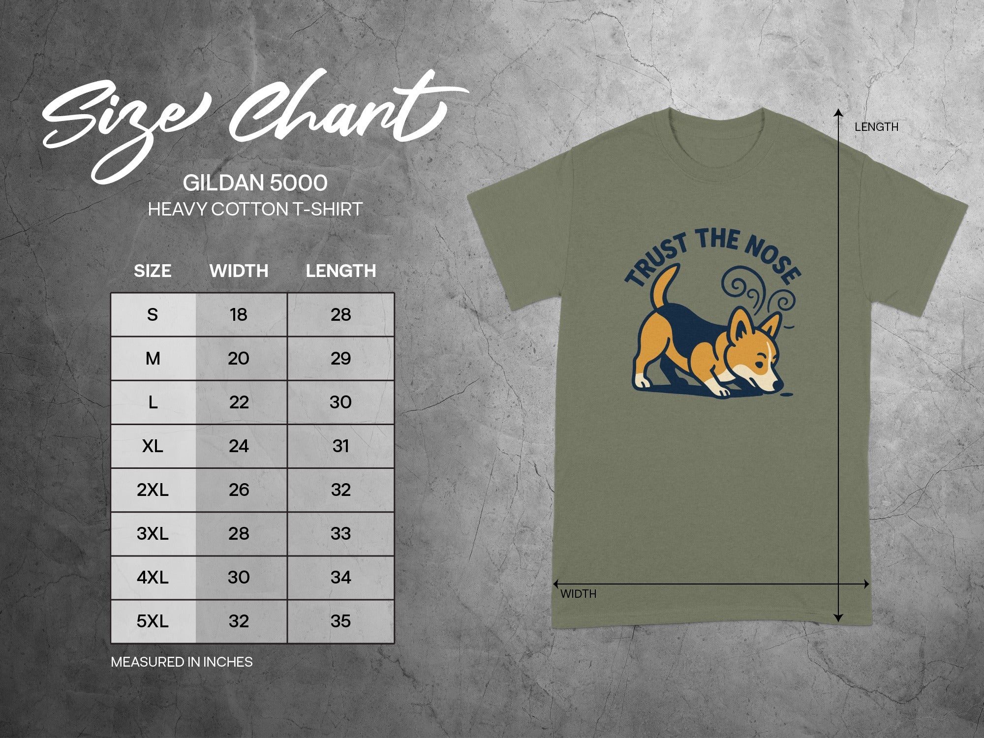 Size chart for Gildan 5000 heavy cotton t-shirt with dimensions measured in inches.