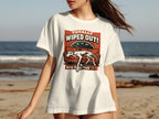 White t-shirt with "TOTALLY WIPED OUT!" and a dog on a couch graphic.