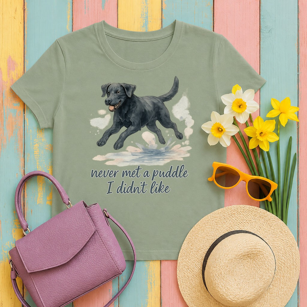 Black Lab Never Met a Puddle T-shirt in Sage