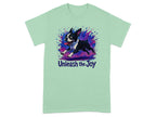 Light green t-shirt with a Boston Terrier running with "Unleash the Joy" text.