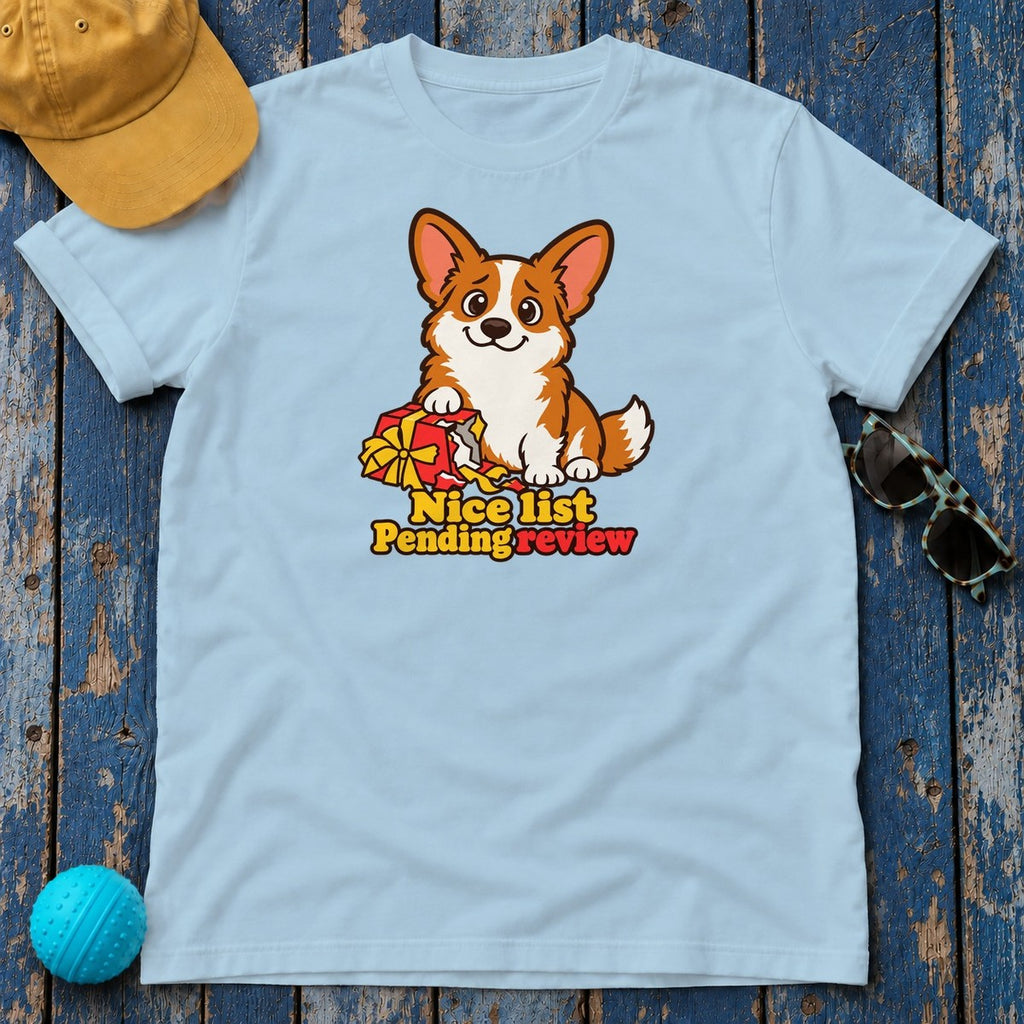Nice List Pending Review Corgi T-Shirt — Light Blue