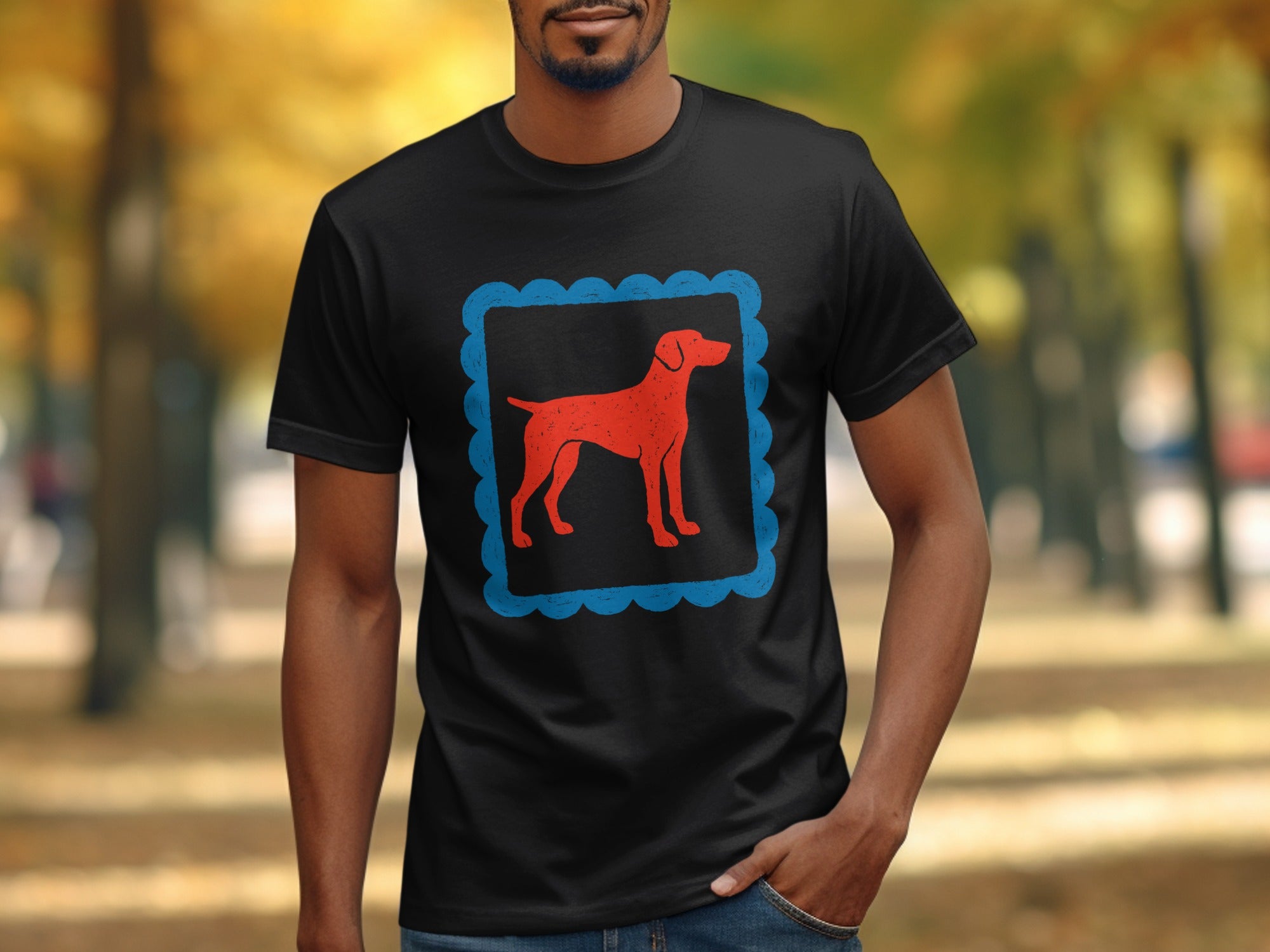 Stylish Black T-Shirt with Bold Red Dog Graphic Design