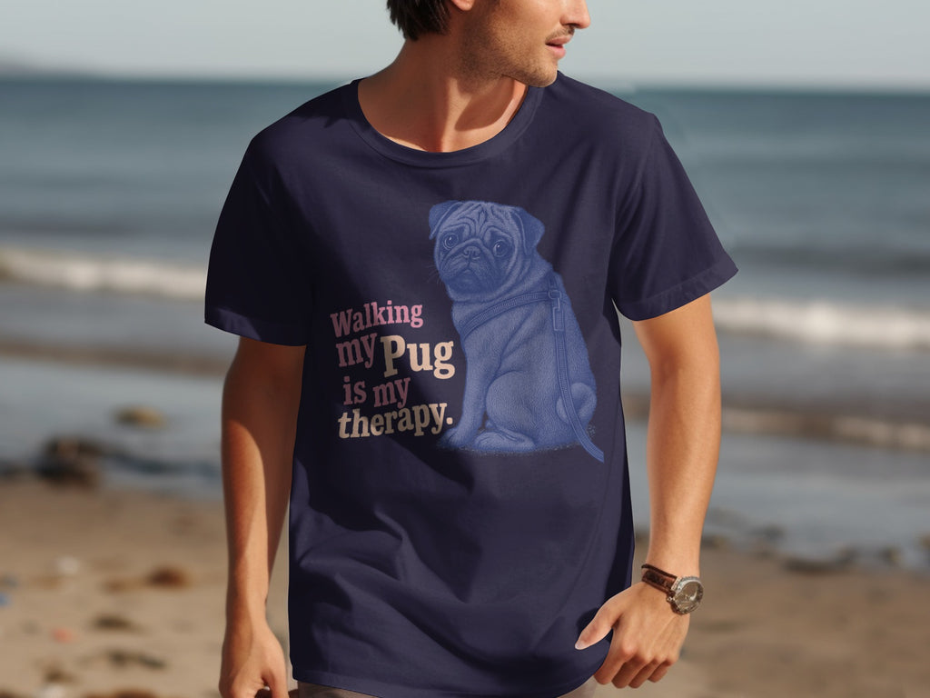 Dark blue t-shirt with a blue pug graphic and text that reads "Walking my Pug is my therapy."