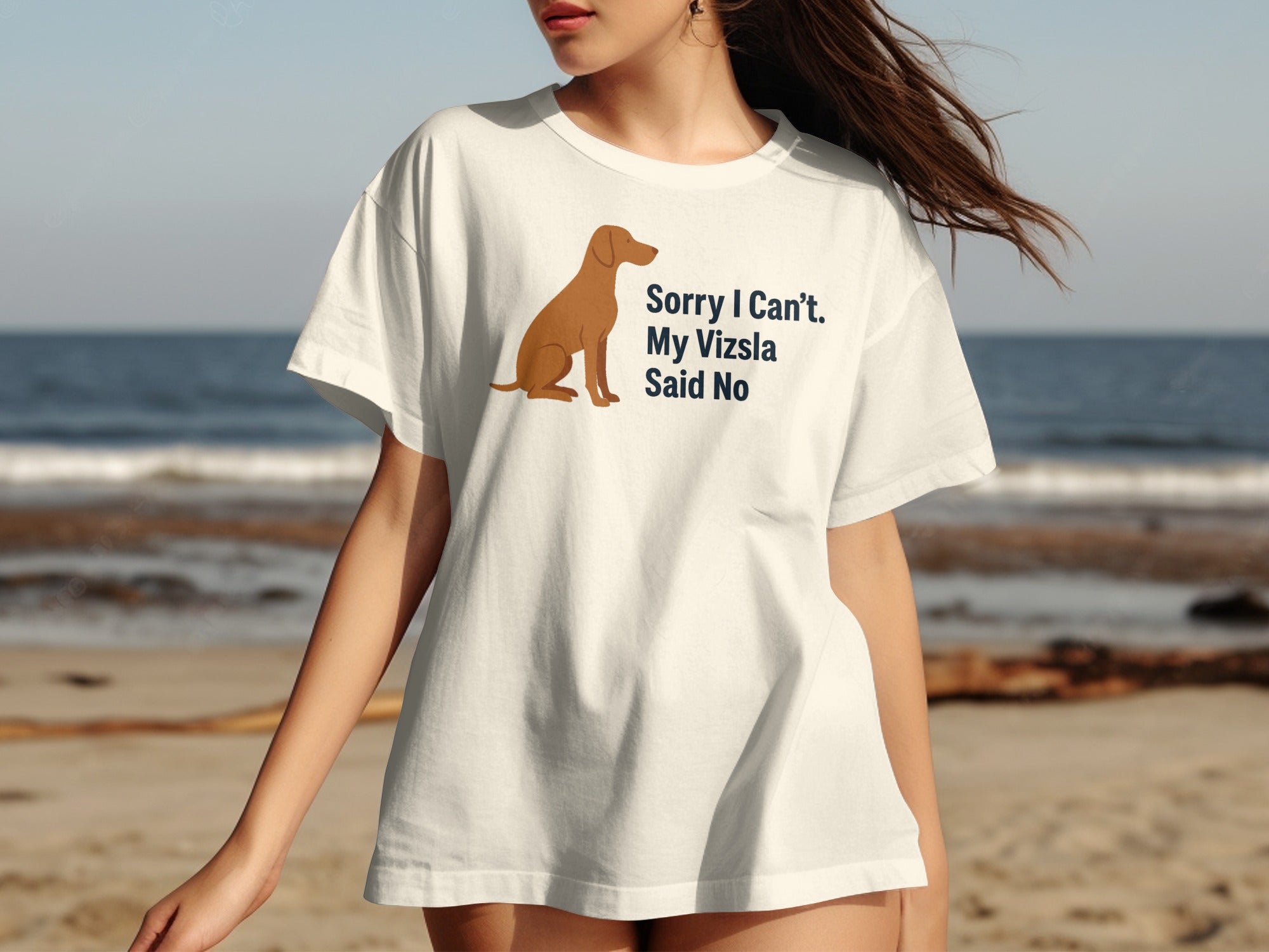 White t-shirt with a cartoon Vizsla and text "Sorry I Can't. My Vizsla Said No".