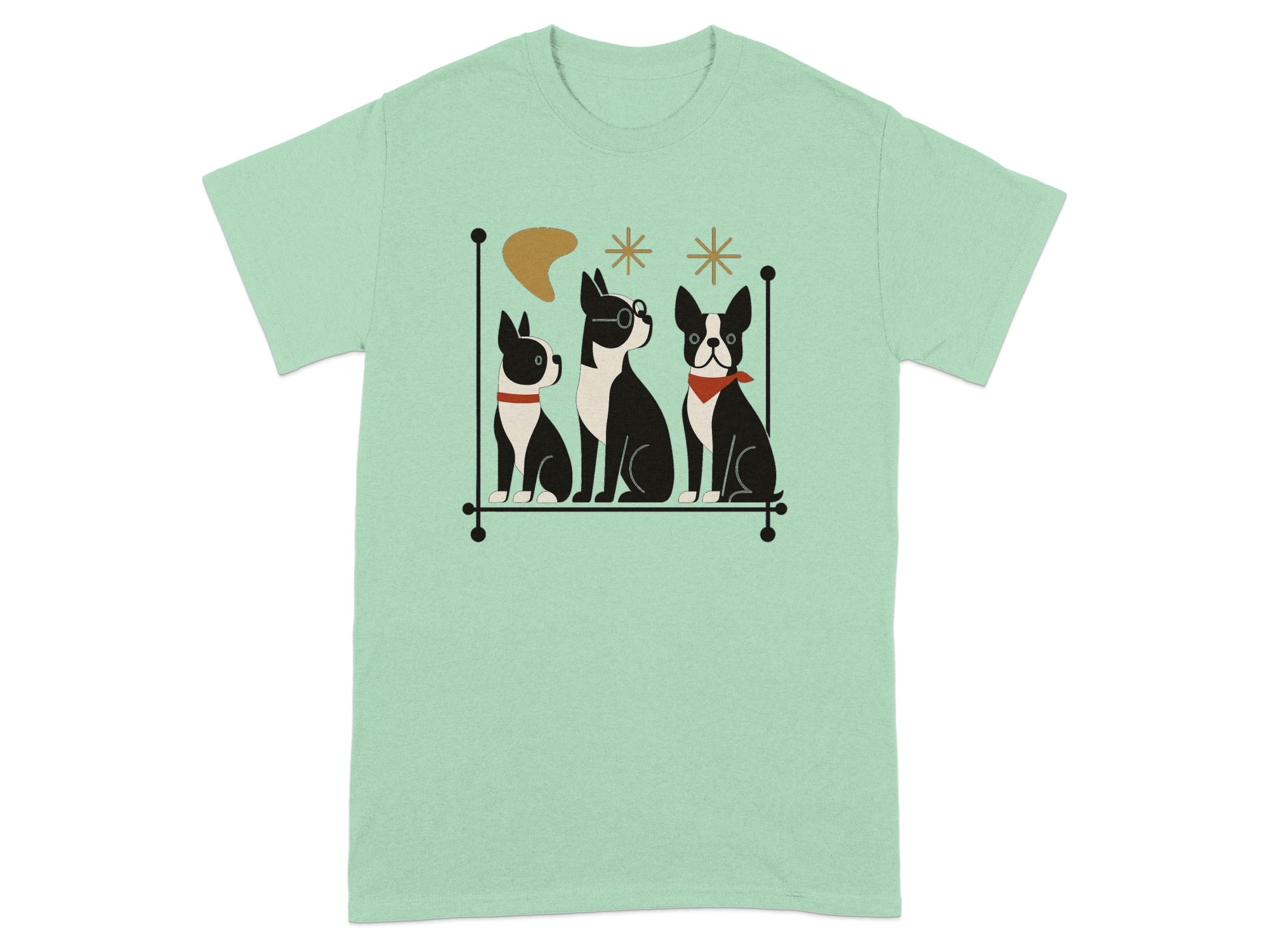 Three Boston terriers with geometric accents on a light green t-shirt.