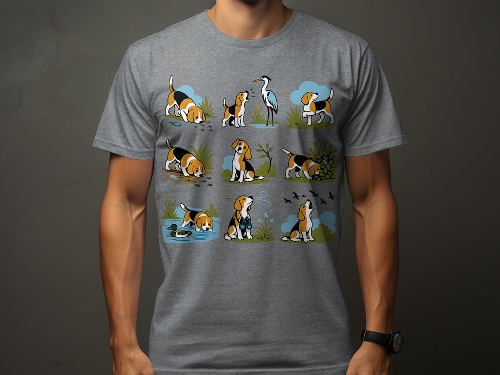 T-shirt graphic featuring nine cartoon beagles interacting with birds, a duck, and nature scenes.