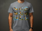 T-shirt graphic featuring nine cartoon beagles interacting with birds, a duck, and nature scenes.