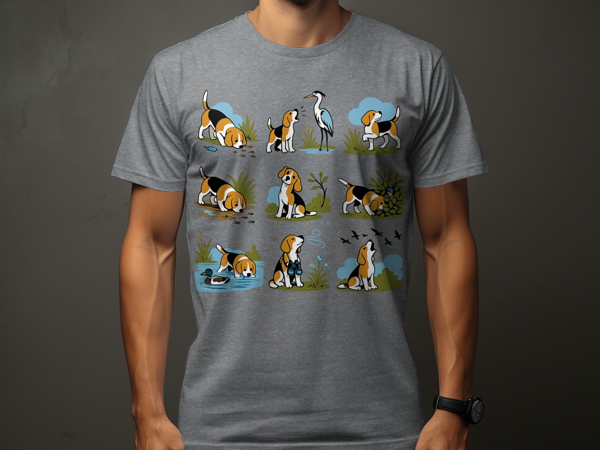 T-shirt graphic featuring nine cartoon beagles interacting with birds, a duck, and nature scenes.