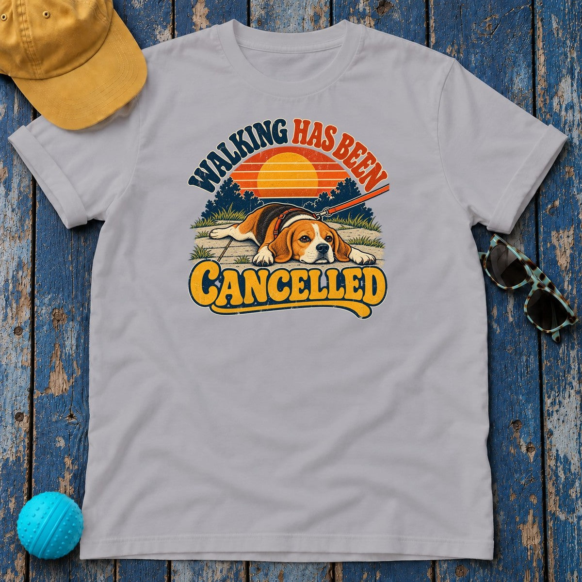 Walking Has Been Cancelled Beagle T-Shirt in Athletic Heather - flat lay
