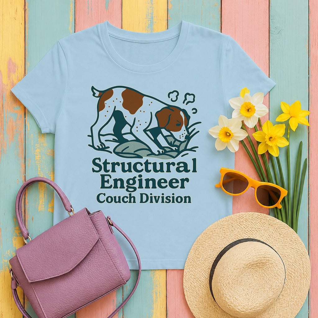 Brittany Spaniel Structural Engineer, Couch Division T-shirt in Light Blue