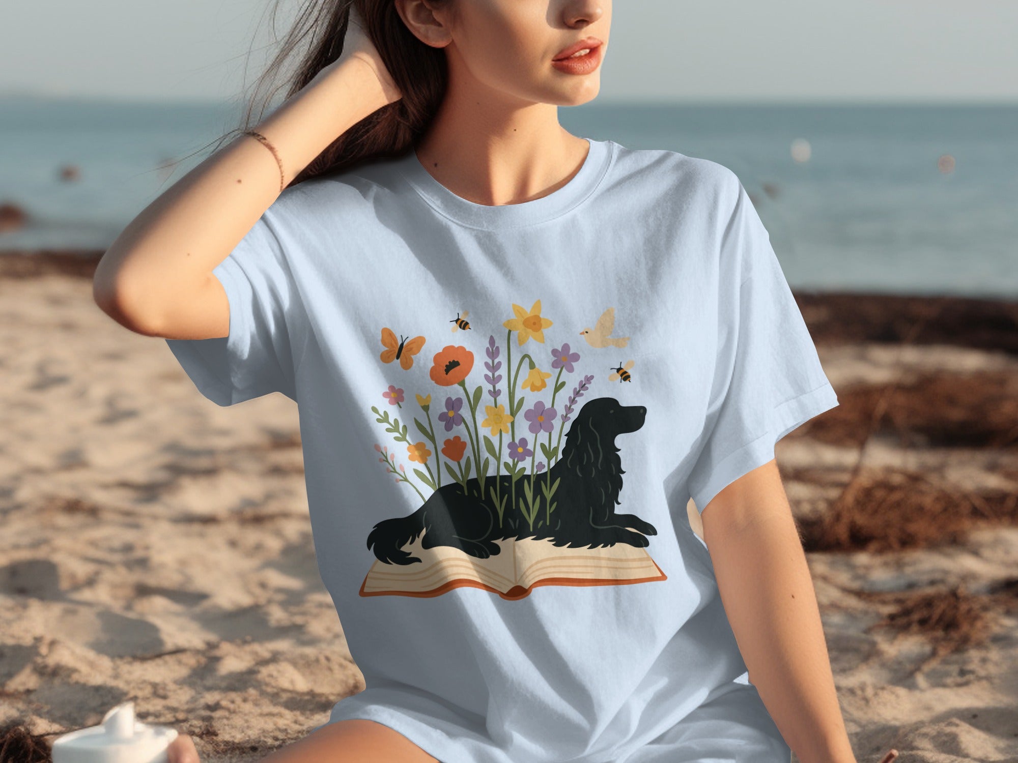 Floral Dog Silhouette with Book Design T-Shirt