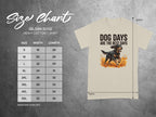 Gildan 5000 t-shirt size chart with dog graphic and "Dog Days" text.