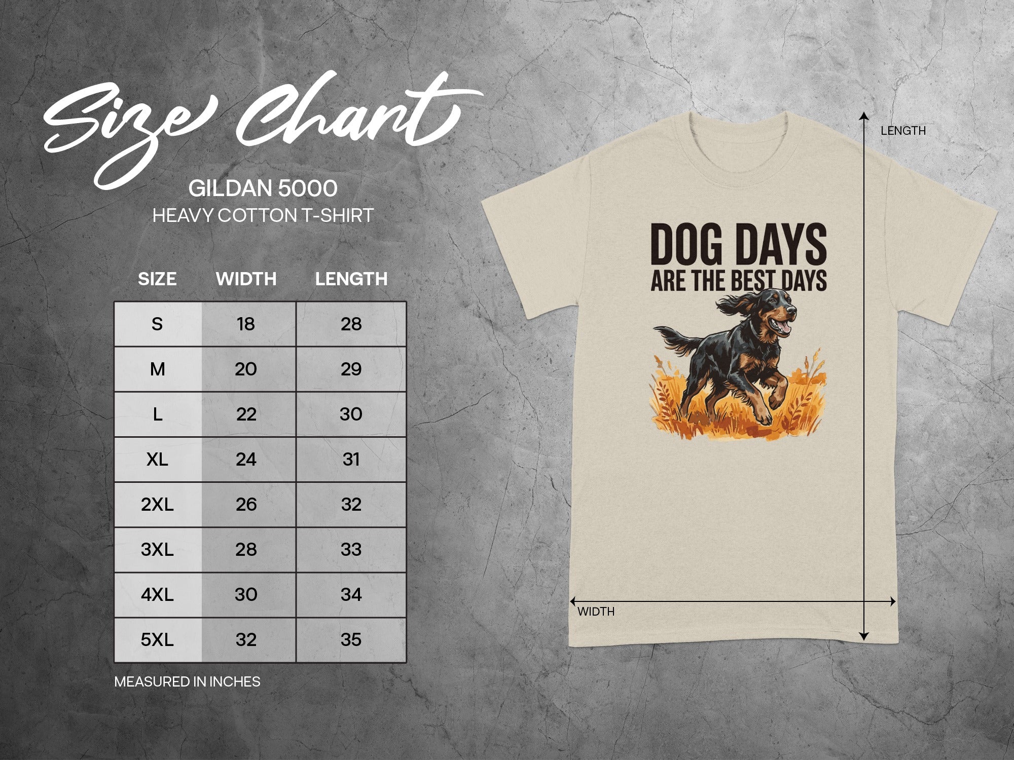 Gildan 5000 t-shirt size chart with dog graphic and "Dog Days" text.