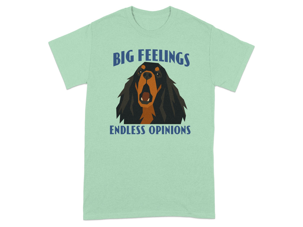 Green t-shirt with a dog graphic and text "BIG FEELINGS ENDLESS OPINIONS".