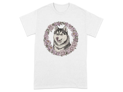 Husky Dog with Floral Frame Design T-shirt product