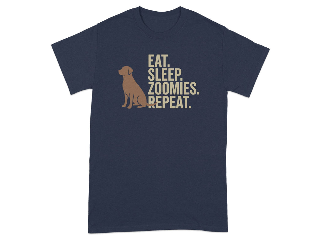 Navy t-shirt with dog silhouette and text: Eat. Sleep. Zoomies. Repeat.