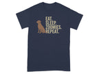 Navy t-shirt with dog silhouette and text: Eat. Sleep. Zoomies. Repeat.