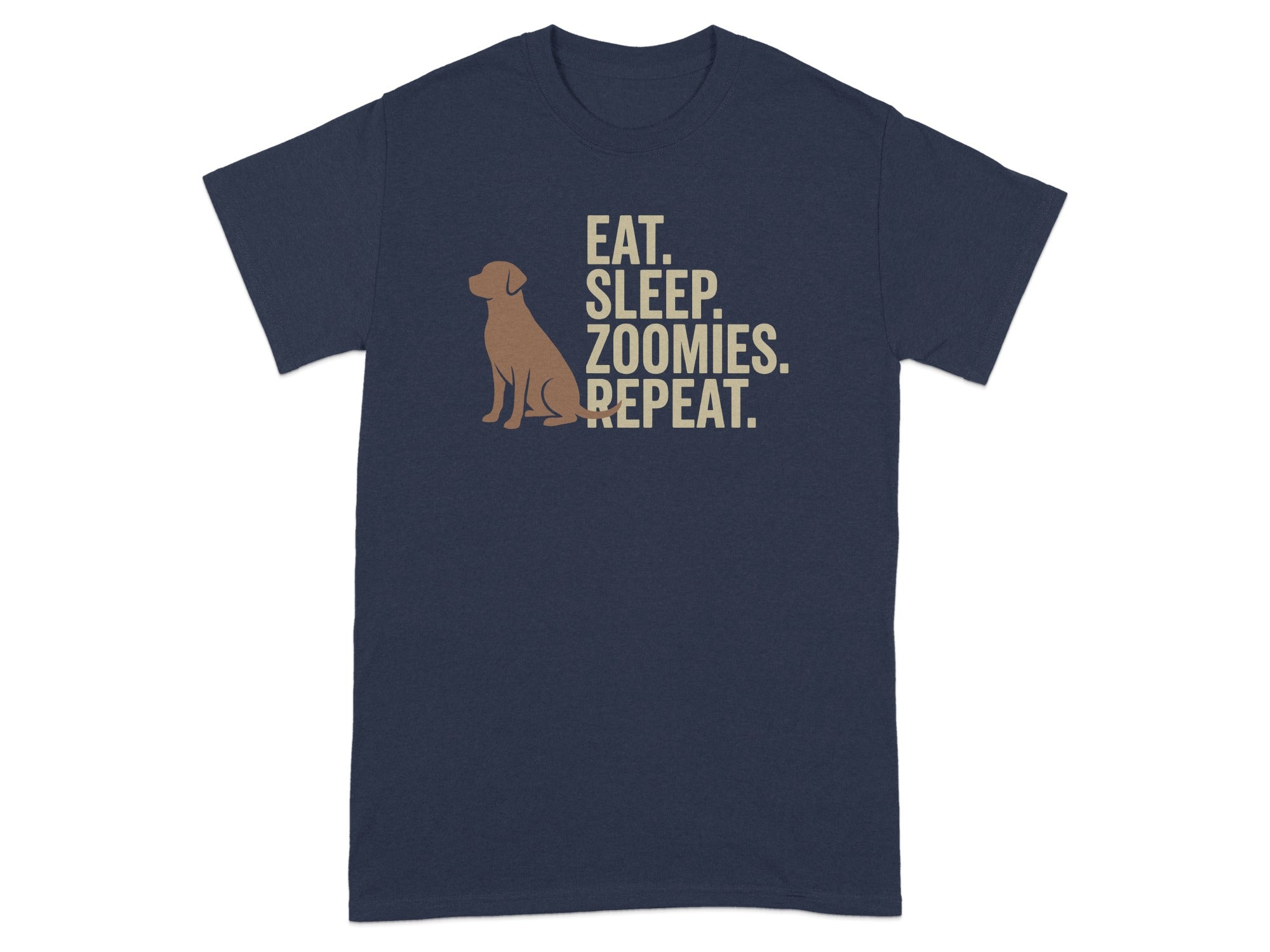 Navy t-shirt with dog silhouette and text: Eat. Sleep. Zoomies. Repeat.