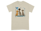 Three dogs with geometric designs on a light tan t-shirt.