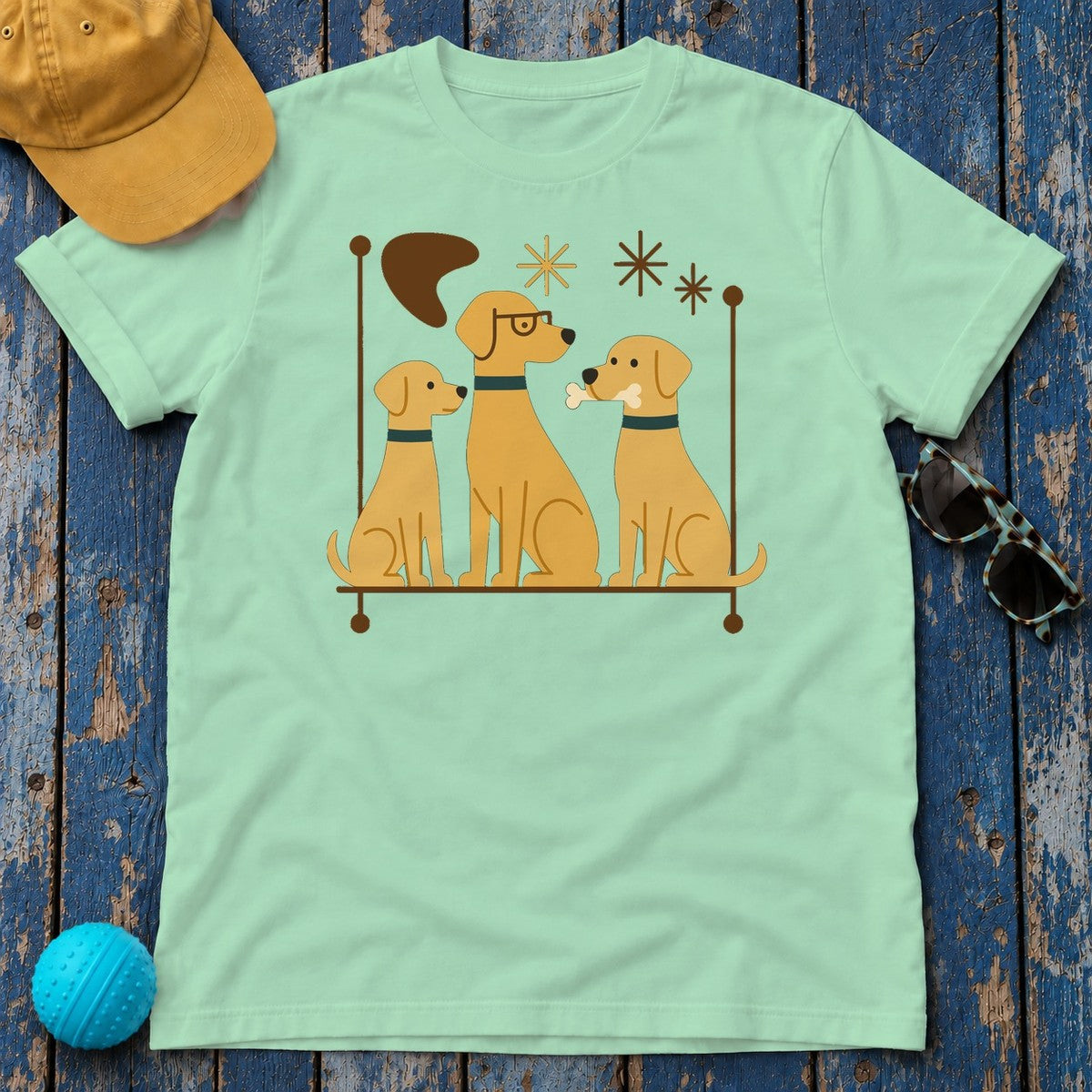 Mid-Century Yellow Labs T-Shirt in Mint Green