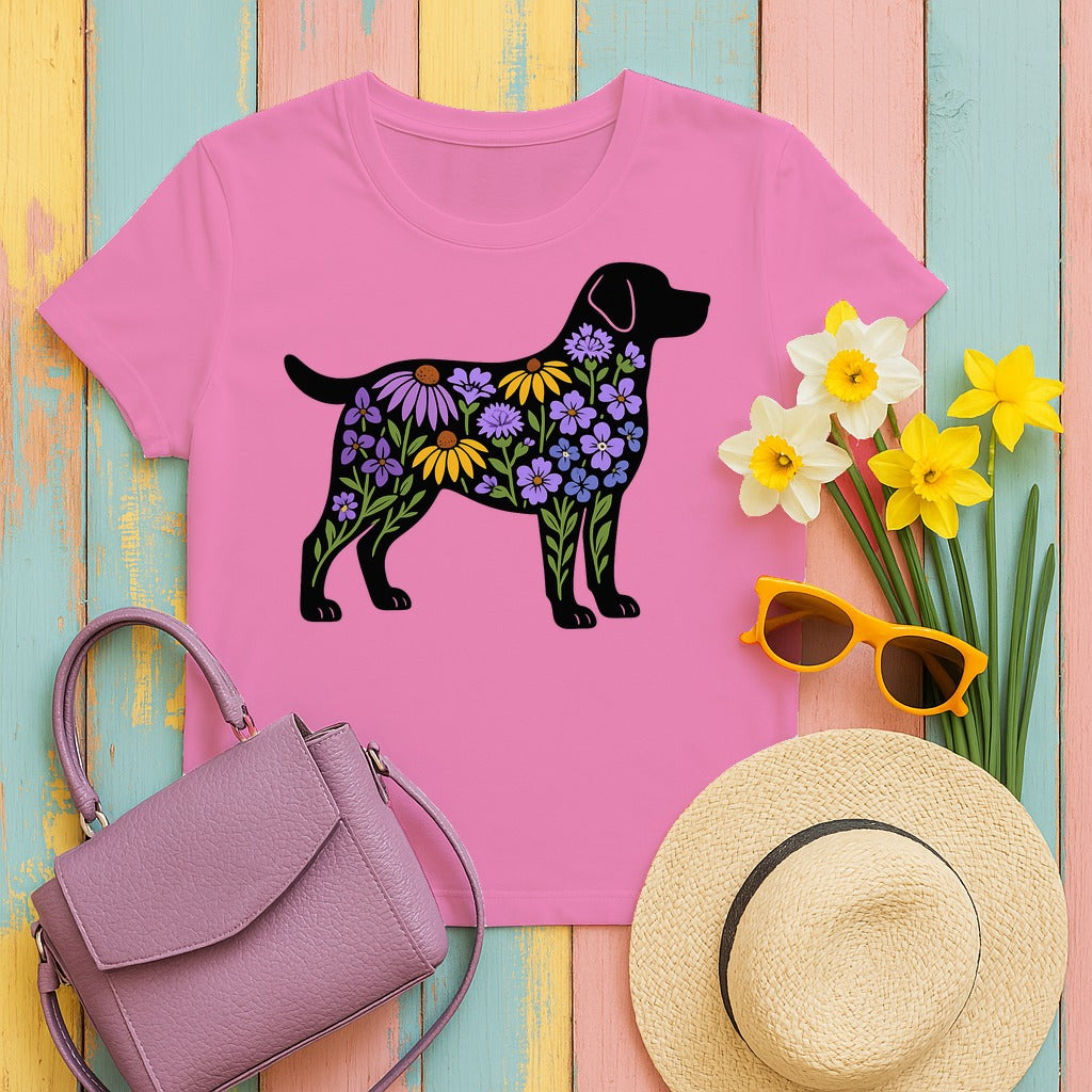 Labrador Silhouette Filled With Floral Patterns Trendy T-Shirt in Azalea