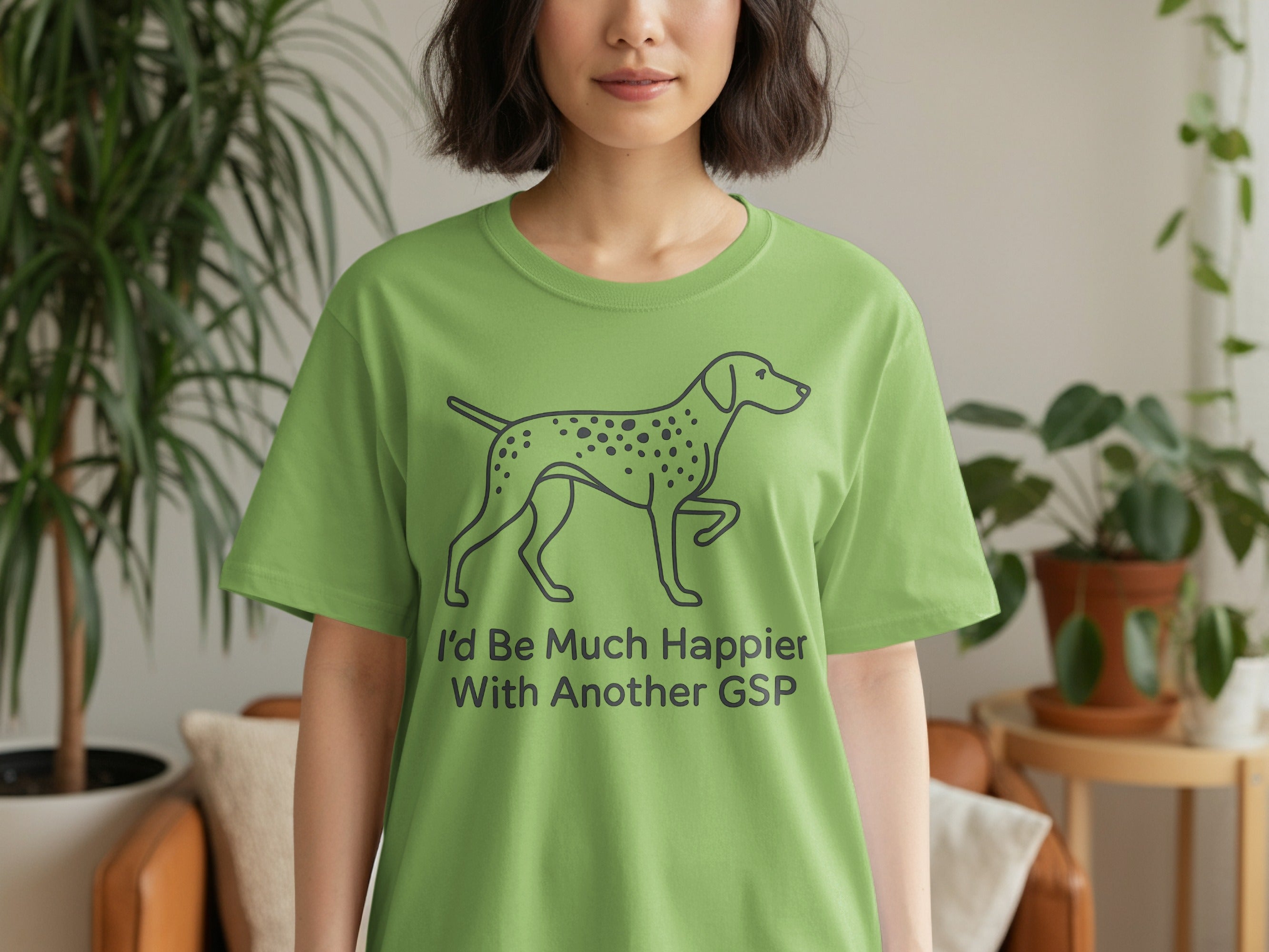 Green t-shirt with outline of a German Shorthaired Pointer and text.
