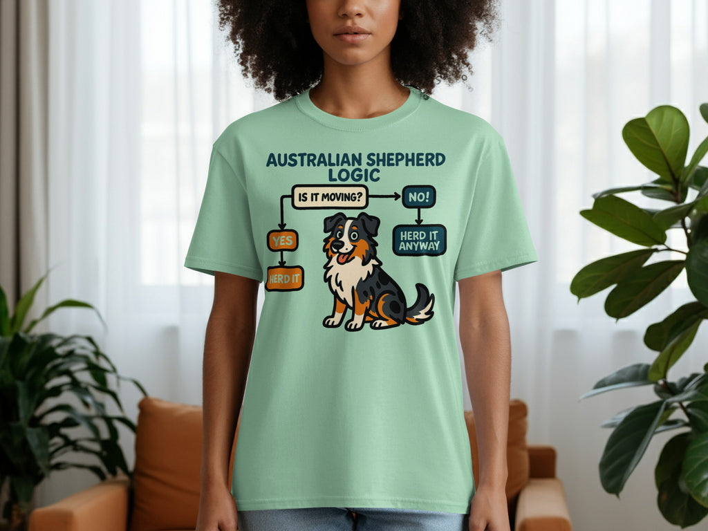 Light green t-shirt with "Australian Shepherd Logic" flowchart and cartoon dog.