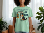 Light green t-shirt with "Australian Shepherd Logic" flowchart and cartoon dog.