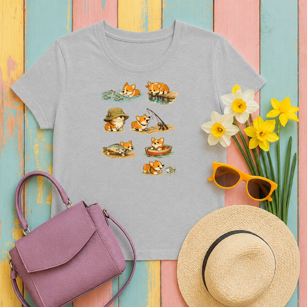 Corgi Fishing Adventures T-Shirt in Sport Grey