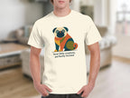 Cream t-shirt with a stylized pug and text "feral little creature, perfectly formed."