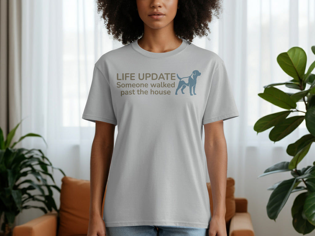 Gray t-shirt with "LIFE UPDATE" and a dog silhouette.