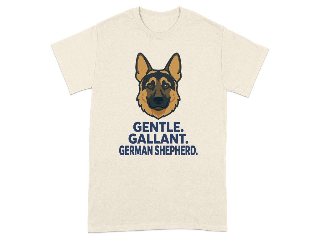 T-shirt with German Shepherd graphic and text "GENTLE. GALLANT. GERMAN SHEPHERD."
