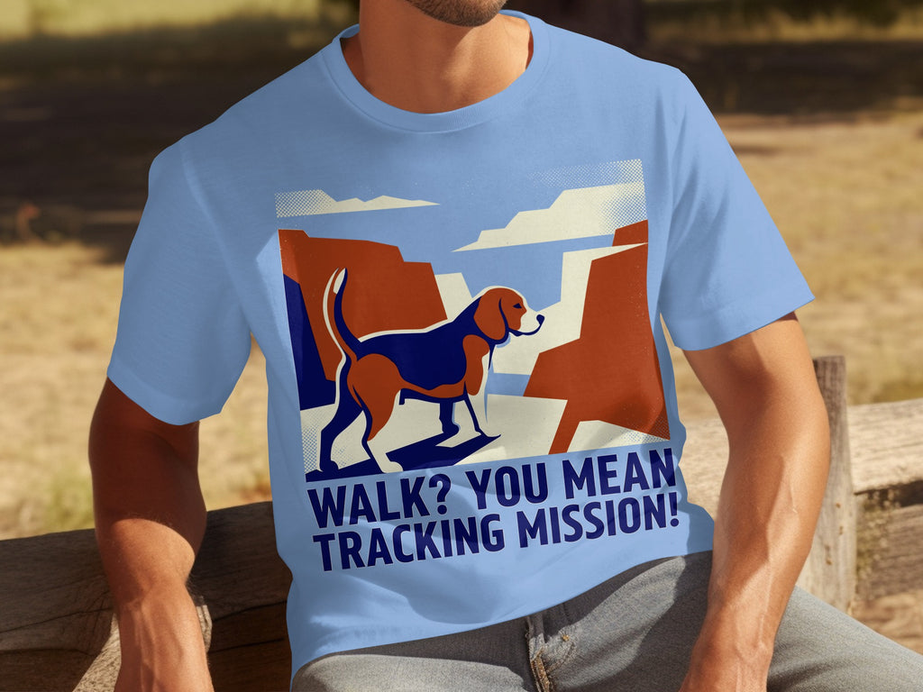 Light blue t-shirt with graphic of a beagle on a mission.