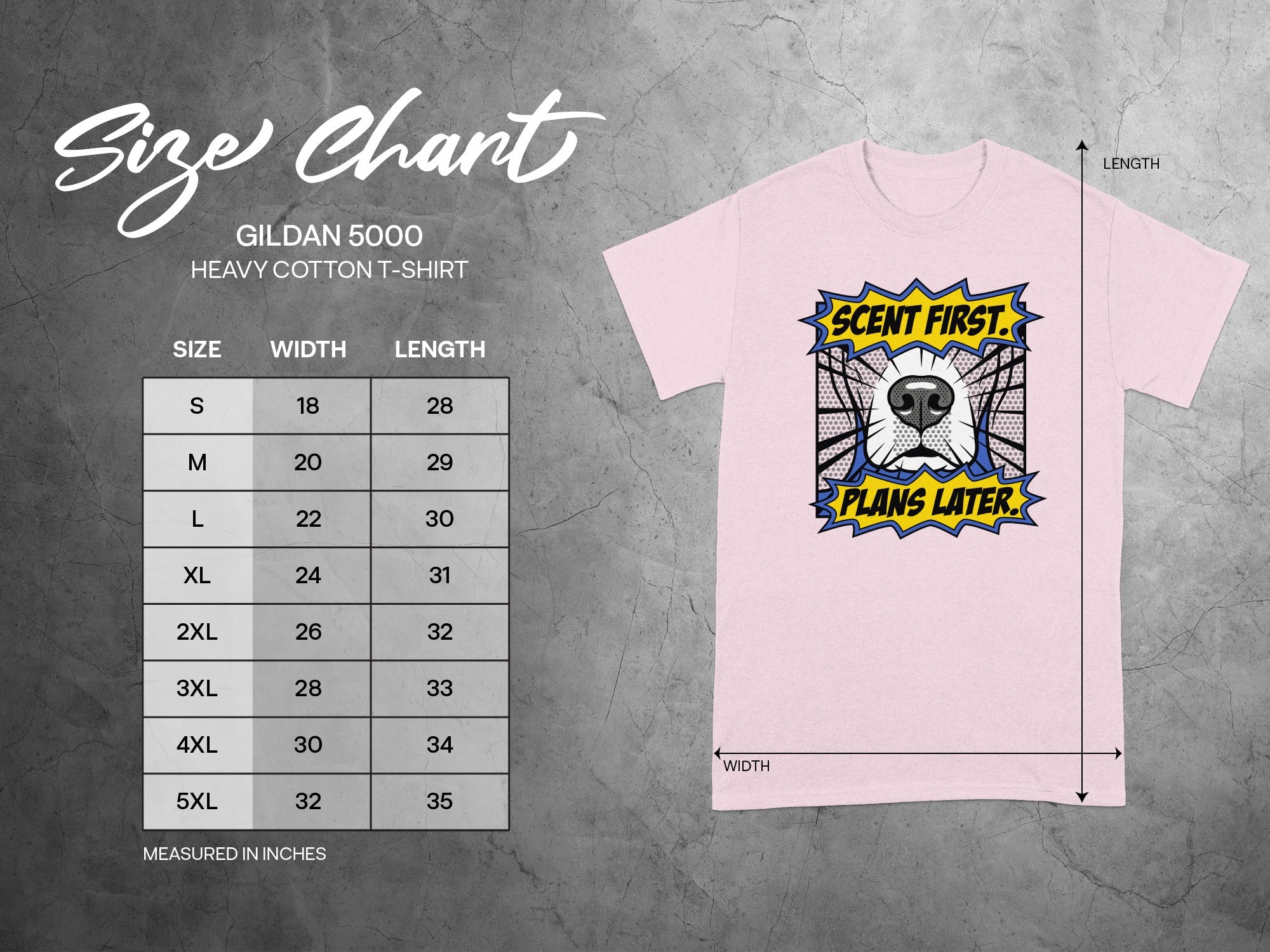 Pink t-shirt with "Scent First. Plans Later." text, next to a size chart.