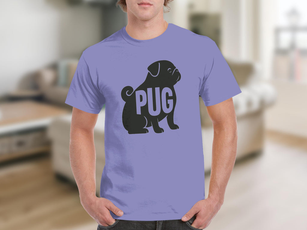 Purple t-shirt with a black pug silhouette and the text "PUG".